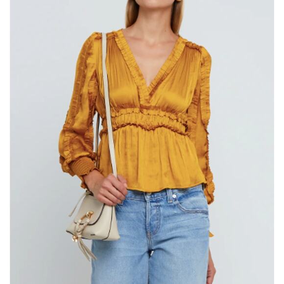 O.P.T. Gold Tianna Ruffle V-Neck Blouse (Size Large) - Picture 1 of 13